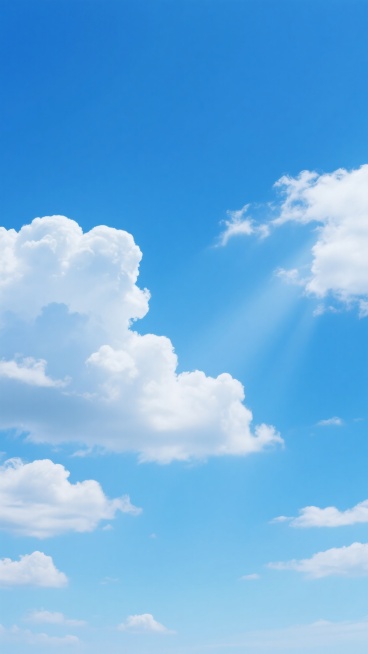 纯净明亮的蓝色天空，从顶部深邃的钴蓝色渐变为底部柔和的天蓝色，点缀着形态各异的白色积云，云朵边缘清晰柔和，呈现出轻盈蓬松的质感，阳光透过云层洒下，营造出晴朗、开阔、宁静的氛围，整体画面简洁干净，色彩饱和度适中，光线明亮通透。预览效果