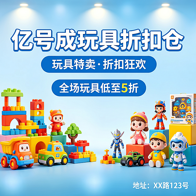 参考原图风格，生成类似亿号成玩具折扣仓广告门头，保留原有积木玩具陈列和配色风格，整体构图和文案布局一致，生成明亮活泼的玩具折扣促销门头广告牌