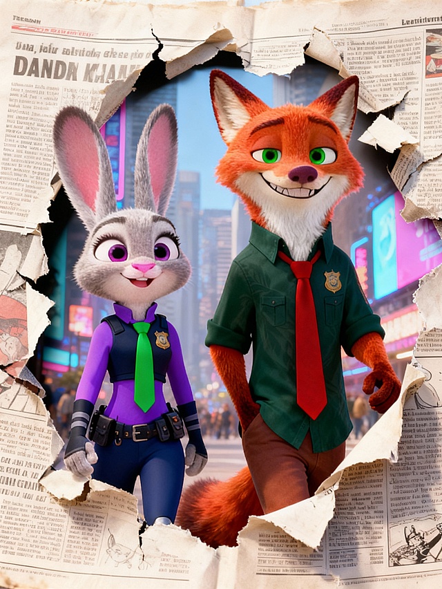 卡通感十足的3D拟人动物警官，撕纸风拼贴背景，融合城市街景与报纸碎片，营造出趣味十足的节日氛围。