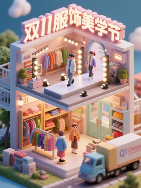 双层微缩场景，顶部立体字“双11服饰美学节”，第一层是主播在T台上展示冬季穿搭走秀，周围有闪光灯频闪效果，第二层是服饰货架和模特陈列，色彩缤纷，门外有成衣工厂和面料运输场景，整体为微缩模型风格，细节丰预览效果
