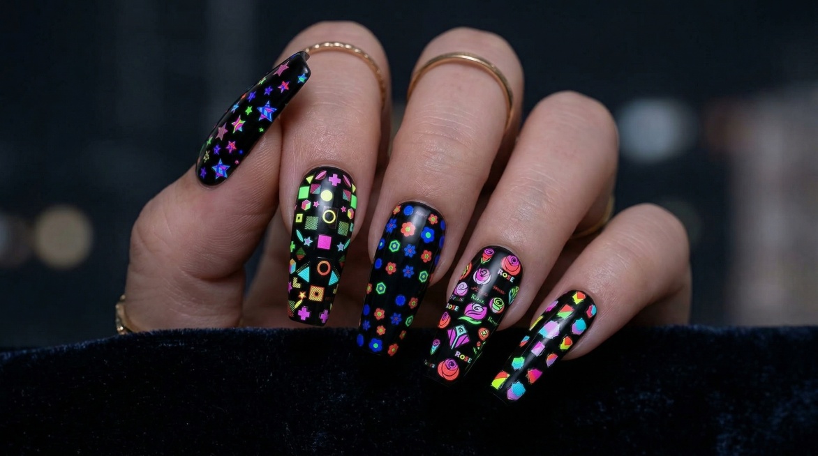 保持原图中各类图案夜光美甲贴纸的主体特征不变，展示欧美女性成品夜光美甲特写，不同图案的夜光贴纸贴在指甲上，在夜晚暗光环境下柔和发光，超清简约美甲产品摄影，16:9构图预览效果