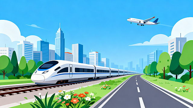移除画面中前景的橙白相间公交车，保留其余元素（高铁、城市建筑、绿树、飞机、道路与花草）不变，保持原扁平化卡通插画风格，蓝绿色调，晴朗蓝天背景，构图协调完整