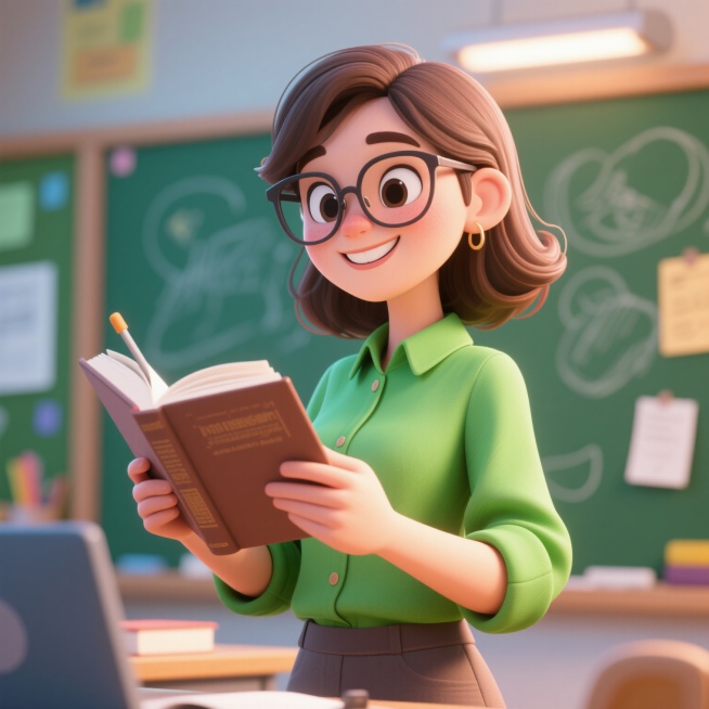 一个年轻的女老师，戴着眼镜，面带微笑，表情温和，穿着绿色的衬衫，手中拿着一本书正在讲课，背景透明预览效果