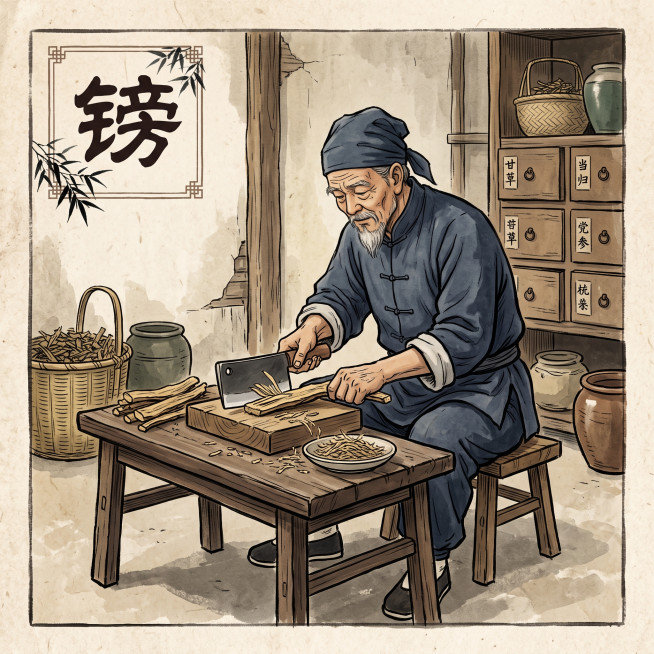 正方形插图，展示中药炮制方法镑，传统工艺，简洁国风背景，左上角标注文字"镑"预览效果
