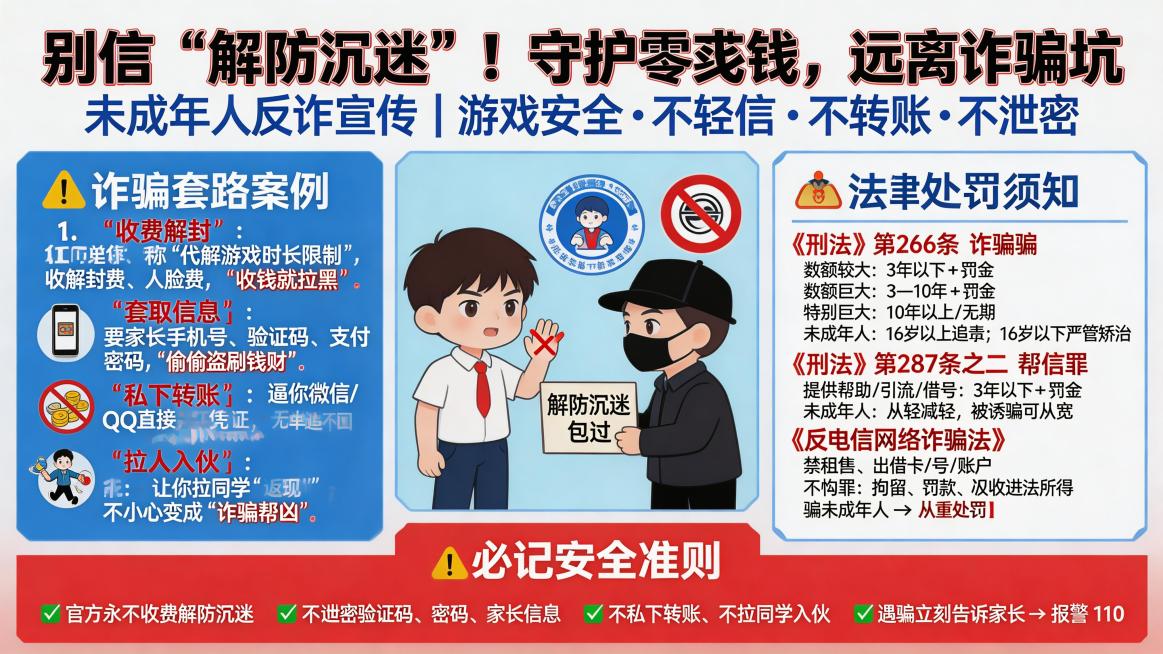 未成年人游戏反诈宣传海报，主标题大字醒目"别信 “解防沉迷”！守护零花钱，远离诈骗坑"，副标题"未成年人反诈宣传 | 游戏安全・不轻信・不转账・不泄密"。整体风格为动漫Q版，蓝白主色搭配红色警示，配卡预览效果