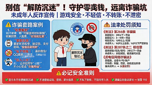 未成年人游戏反诈宣传海报，主标题大字醒目"别信 “解防沉迷”！守护零花钱，远离诈骗坑"，副标题"未成年人反诈宣传 | 游戏安全・不轻信・不转账・不泄密"。整体风格为动漫Q版，蓝白主色搭配红色警示，配卡通少年拒绝骗子二维码、游戏防沉迷官方标识、禁止转账图标。左侧为动漫精简案例区域，带小图标，4条内容分别是：1.收费解封 谎称 “代解游戏时长限制”，收解封费、人脸费，收钱就拉黑。2.套取信息 要家长手机号、验证码、支付密码，偷偷盗刷钱财。3.私下转账 逼你微信 / QQ 直接转账，无凭证、无订单，被骗追不回。4.拉人入伙 让你拉同学 “返现”，一不小心变成诈骗帮凶。右侧为清晰易懂轻重分明的法律处罚区域，内容：1.《刑法》第 266 条 诈骗罪 数额较大：3 年以下 + 罚金 数额巨大：3—10 年 + 罚金 特别巨大：10 年以上 / 无期 未成年人：16 岁以上追责；16 岁以下不判刑，严管矫治。2.《刑法》第 287 条之二 帮信罪 提供帮助 / 引流 / 借号：3 年以下 + 罚金 未成年人：从轻减轻，被诱骗可从宽。3.《反电信网络诈骗法》 禁租售、出借卡 / 号 / 账户 不构罪：拘留、罚款、没收违法所得 骗未成年人 → 从重处罚。底部红底白字最强提醒警示栏，内容：✅ 官方永不收费解防沉迷 ✅ 不泄露验证码、密码、家长信息 ✅ 不私下转账、不拉同学入伙 ✅ 遇骗立刻告诉家长 → 报警 110。标题用粗黑字体，正文清晰，重点内容标红，适合打印展板和投屏宣讲。