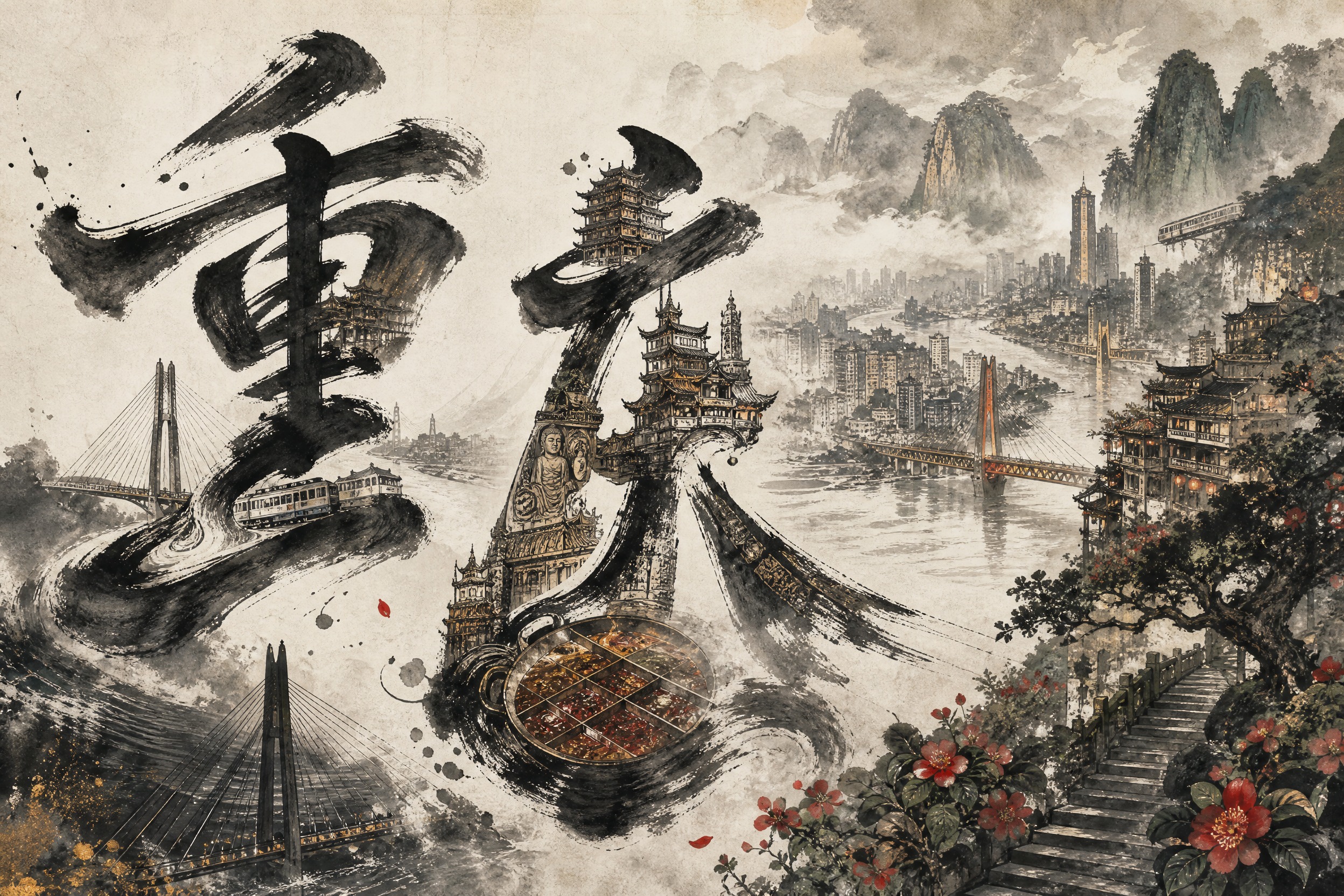 重庆水墨风海报，横版宽幅3:2构图，宣纸纹理背景，东方美学，大… - 图片创意预览