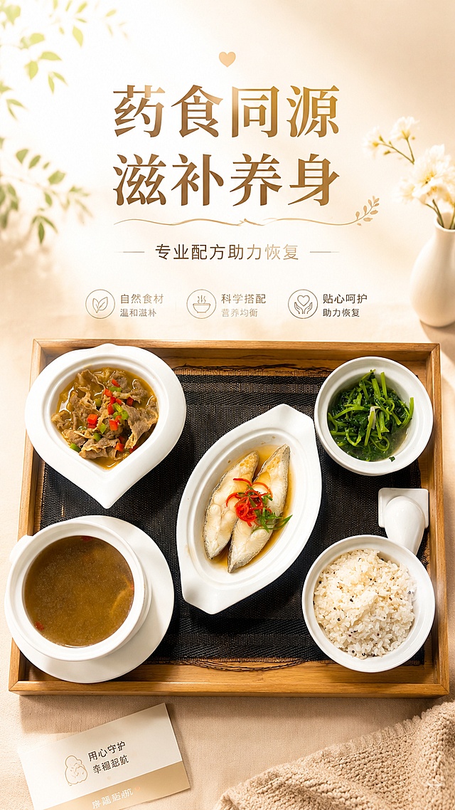 月子中心月子餐单人宣传海报，风格简约高级温馨干净，主标题“药食同源 滋补养身”，副标题“专业配方助力恢复”，展示图3单份月子餐套餐，放置在木质托盘上，100%还原菜品外形食材配色，浅色干净暖色调背景，暖光柔和，健康清新食欲感，版式精美，9:16比例