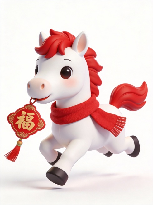 3D卡通小马，白色身体红色鬃毛尾巴，系红围巾，叼福字挂饰，奔跑跳跃姿态，呆萌表情，c4d质感，白色背景，萌系风格预览效果