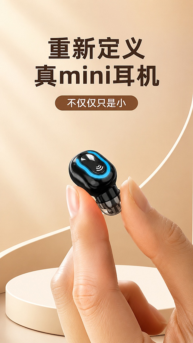 [第1屏] 详情页头图-迷你蓝牙耳机主视觉海报。本屏使用【图1】作为商品主体，参考图3的构图和风格。
[氛围/风格] 暖米色高级质感，柔和光影，商业摄影质感，温馨轻奢氛围。
[元素布局] 画面中下部一只手的拇指和食指轻轻捏住黑色迷你蓝牙耳机，突出耳机的超小体积；耳机外观、蓝色环形灯带、按键纹理、耳塞结构与输入产品图完全一致；背景为暖米色渐变曲面造型，底部有一个米白色圆柱形展示台；整体画面层次丰富，有前景、中景、背景三层空间感。
[光影质感] 左上方柔和漫射光照明，耳机表面有自然高光反射，下方有柔和投影，整体光线温暖通透，突出产品精致质感。
[配色色系] 全局底色 #F5E6D3（暖米色）；主色米白暖棕；辅助色黑色耳机、蓝色灯带点缀；整体色调统一温暖。
[视角构图] 正面微仰视视角，耳机和手为视觉中心，阅读动线从上到下：顶部标题 → 中部耳机手持展示 → 底部展示台。
[文字版式] 顶部居中大标题两行：第一行「重新定义」，第二行「真mini耳机」，深棕色粗体大字；标题下方一个圆角棕色标签内写「不仅仅只是小」白色文字；文字不遮挡耳机主体，字号大清晰可读。
[比例分辨率] 9:16 竖版比例，4K分辨率，文字清晰可辨，高清画质。
[负向提示词] 耳机变形，结构错误，颜色偏差，缺件错件，水印，文字错乱，文字过小，产品图模糊，背景杂乱，手指畸形。