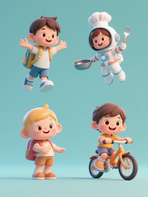 3D风格卡通人物，四个造型完全不同的可爱小人，保持Q版圆润造型、明亮色彩、光滑材质和生动表情，第一个是背着书包张开双臂的男孩，第二个是戴着厨师帽手持锅铲的女孩，第三个是穿着宇航服漂浮的小孩，第四个是骑着自行车微笑的儿童，所有小人姿态各异、服饰细节丰富，纯色背景，四个元素规整排布成系列素材集合，整体风格统一、充满童趣。预览效果