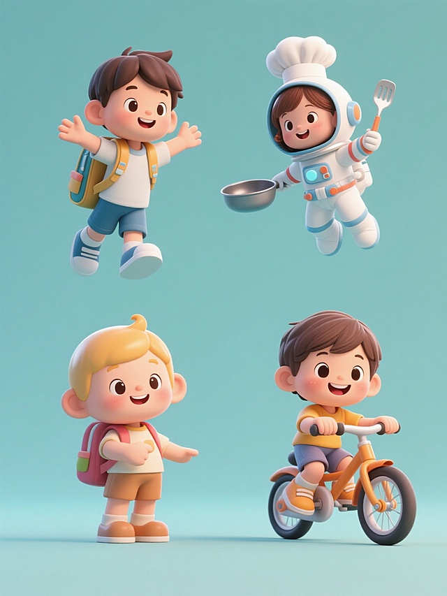 3D风格卡通人物，四个造型完全不同的可爱小人，保持Q版圆润造型、明亮色彩、光滑材质和生动表情，第一个是背着书包张开双臂的男孩，第二个是戴着厨师帽手持锅铲的女孩，第三个是穿着宇航服漂浮的小孩，第四个是骑着自行车微笑的儿童，所有小人姿态各异、服饰细节丰富，纯色背景，四个元素规整排布成系列素材集合，整体风格统一、充满童趣。