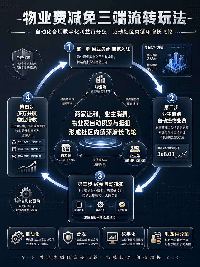 高级感商业逻辑流程图海报，展示物业费减免三端流转玩法：第一步物业搭台商家入驻，第二步业主消费自动攒物业费，第三步缴费自动抵扣，第四步多方共赢物业增收，突出核心一句话概括玩法，强调自动化合规数字化利益再分配社区内循环增长飞轮，整体风格简洁高级商务科技风，3:4比例