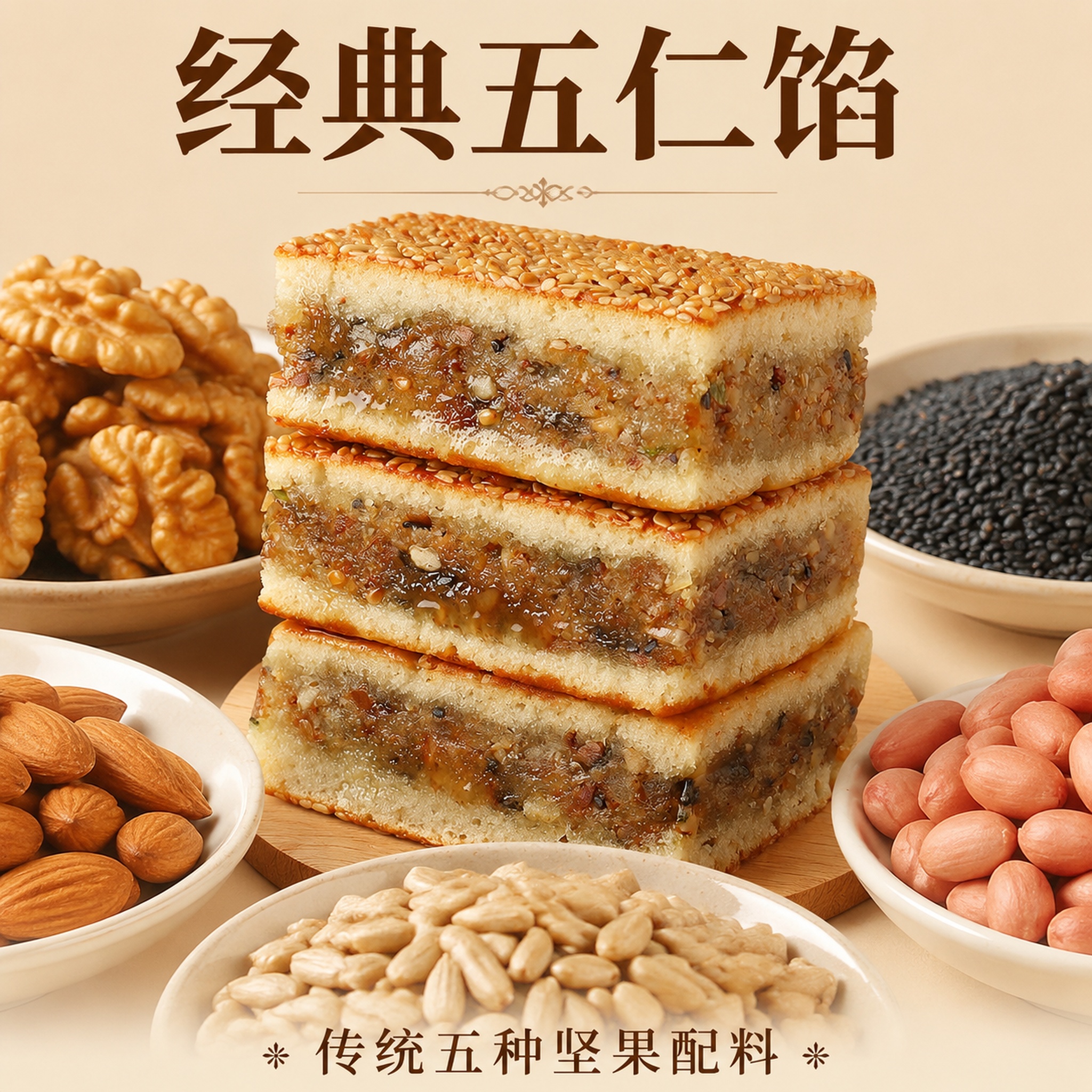 [主图-34] 三层五宝糕突出坚果五仁卖点。 [氛围风格] 传… - 图片创意预览