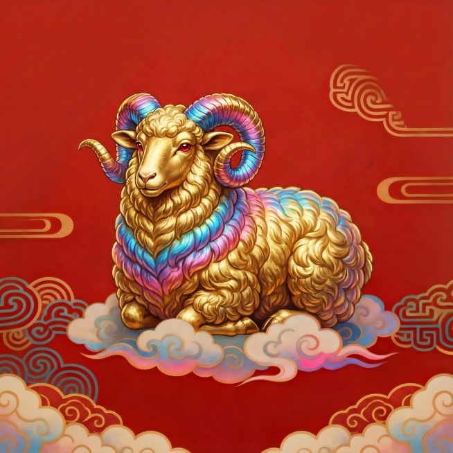 国潮风格的生肖蛇，红色背景，金色铜钱围绕，动物主体为金色，鳞片带有蓝粉渐变，姿态霸气，身下有祥云预览效果