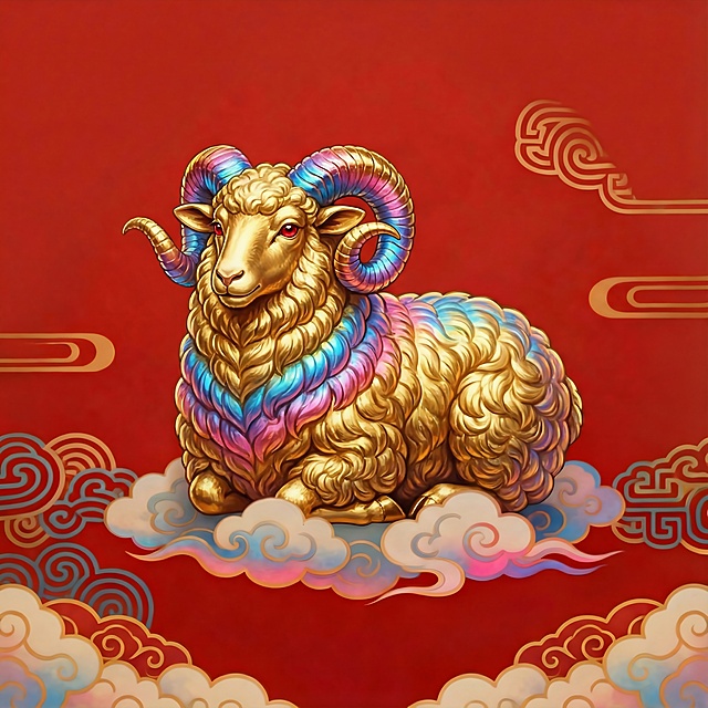 国潮风格的生肖蛇，红色背景，金色铜钱围绕，动物主体为金色，鳞片带有蓝粉渐变，姿态霸气，身下有祥云