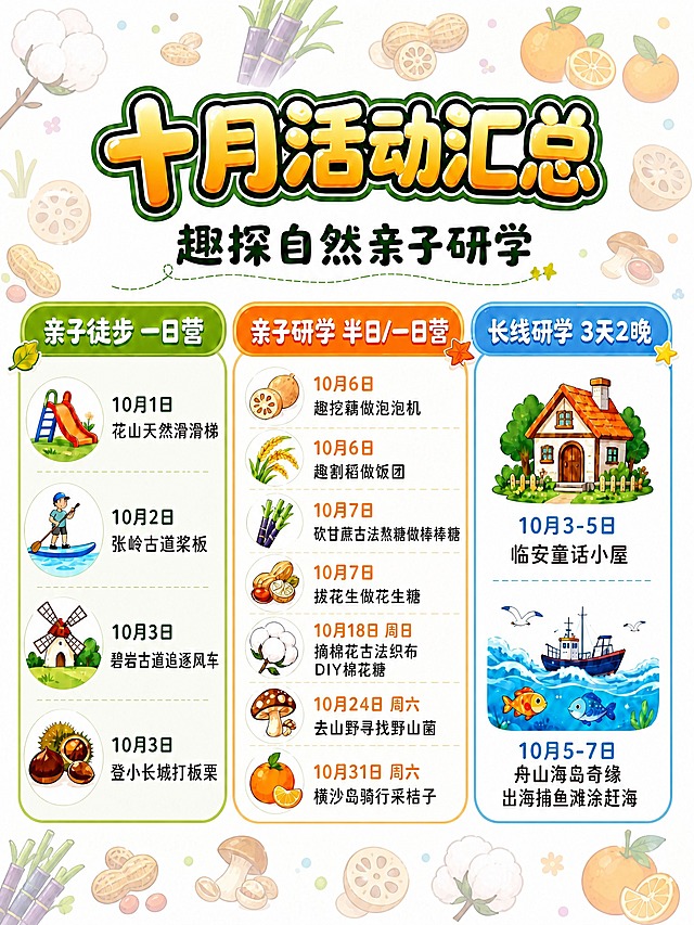 基于这张纯白背景的十月活动汇总卡通海报，在画面四周和角落添加棉花、甘蔗、桔子、花生、蘑菇、藕六种农作物的卡通装饰元素。要求：六种元素以可爱卡通手绘风格呈现，大小错落分布在海报边缘空白处（顶部两角、左右两侧、底部空白区域），作为装饰性点缀，不遮挡中间的标题文字和三个活动卡片内容。元素半透明或浅色处理，与整体卡通风格协调统一。原有所有标题、活动板块、活动文字和图标全部完整保留，位置和内容不变。