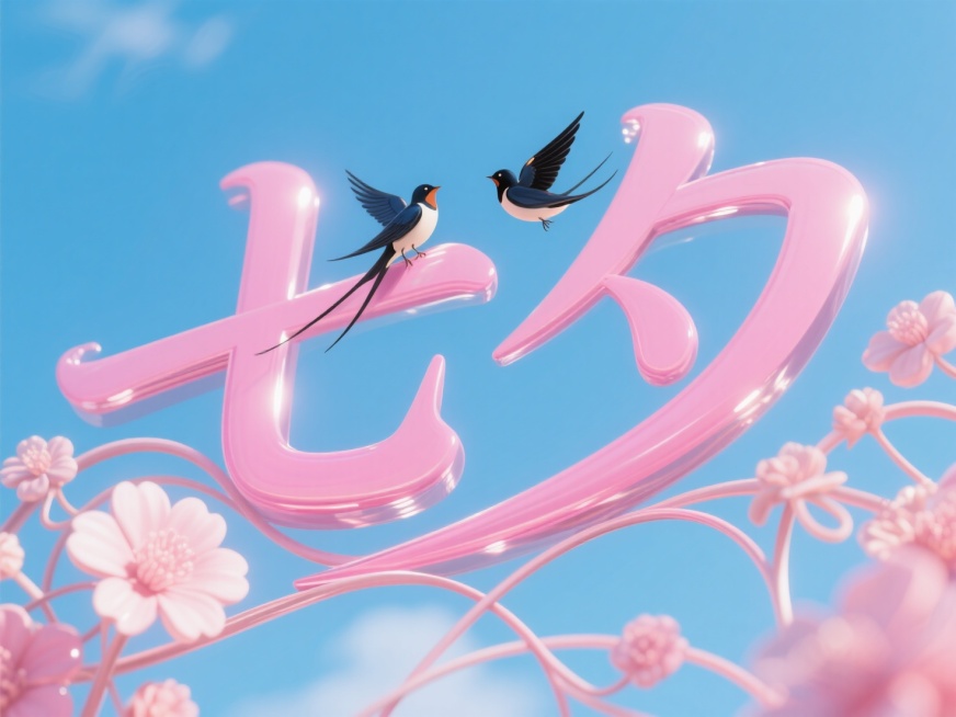 横向粉色文字"七夕"。部分笔画连笔，点缀两只喜鹊，字体前景是缠绕的花朵元素，线条流畅，高级感，背景天空蓝。预览效果