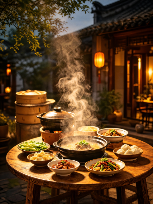 提取灯箱内美食图片，生成同风格竖版海报，保留木质圆桌上热气腾腾的中式砂锅菜品，多个菜肴盛放在白瓷碗中，背景是江南古镇中式庭院，暖黄灯光，氛围感温暖烟火气，质感高清，比例调整为3:4竖版预览效果
