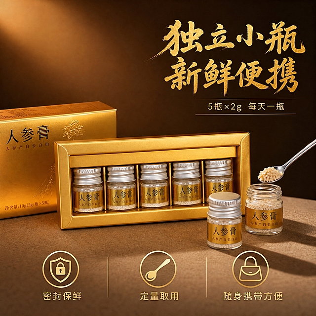 [主图-3] 云牧人参膏产品细节与独立包装展示 突出5×2g小瓶便携设计
[统一基调] 高端滋补养生风格 暖金深棕配色 自然暖阳逆光 主标题用厚重书法体金色字 辅助文案用细黑体浅金色 整体干净通透有品质感
[画面] 画面主体为打开的云牧人参膏内盒 5瓶2g小瓶装人参膏整齐排列在金色内托中 银色瓶盖金色标签清晰可见 旁边取出2瓶单独摆放 其中一瓶开盖 用附赠的小金属勺舀出少量人参膏颗粒 微距展示颗粒细腻金黄质感 内盒旁边放外包装盒侧面展示 产品占画面约70% 背景为温润深棕色渐变 简洁不抢主体
[光影质感] 商业棚拍质感 柔和顶光加侧光 玻璃瓶身有通透反光 金色标签有镭射质感 金属勺有冷调反光 人参膏颗粒有细腻纹理和光泽 底部有真实柔和阴影 整体干净高级
[配色] 主色深棕色 暖金色 银色 辅助色米白色 文字主色亮金色 辅助色浅棕色
[文字版式] 右上角主标题"独立小瓶 新鲜便携" 标题下方小字"5瓶×2g 每天一瓶" 画面下方用三个圆形图标加文字分别标注"密封保鲜" "定量取用" "随身携带方便" 文字不遮挡产品主体 主标题最大最醒目
[输出要求] 1:1正方形 2048×2048 文字清晰可读 产品包装外观瓶身标签与输入图完全一致 禁止变形错字模糊杂乱水印 禁止医疗功效宣称 禁止绝对化用语