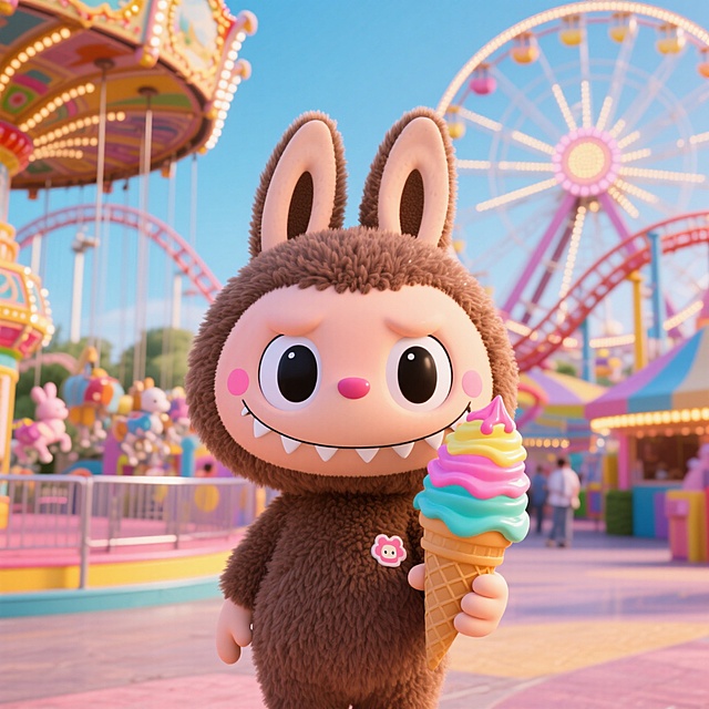 它手拿冰淇淋在游乐园
