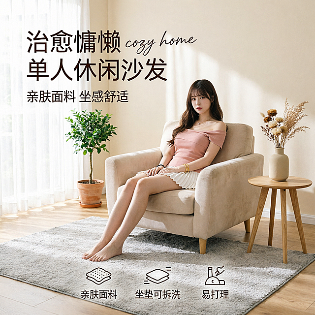 [单张主图] 单人沙发，高级氛围感主图，展示产品在治愈家居环境中的舒适质感，吸引点击同时传递产品信任与转化价值。
[画面主体] 单人沙发完整居中放置，商品主体占比约55%，保持产品外观、物理结构、材质质感、颜色与需求描述一致，杜绝任何变形和色差，精细化处理。采用45°斜侧视角，完整展示沙发整体轮廓和形态，主体突出清晰。
[构图版式] 选用左文右物场景型版式。左侧大面积留白放置文字信息，产品放大置于画面右侧，自然承托放置，符合视觉平衡。
[场景元素] 背景为治愈系浅奶咖色客餐厅角落，浅木色实木地板，浅素色墙面，左侧落地窗引入柔和自然光，窗边放置一盆小型绿植，地面铺一块浅灰色短绒地毯，沙发旁搭配一个细腿原木边几，边几上放一个浅米色陶瓷花瓶插几支干花，场景元素简洁温馨，不抢夺产品主体，营造慵懒治愈的居家氛围。底部放置三个轻线稿图标展示核心卖点。
[文案版式] 左上留白区域左对齐：主标题「治愈慵懒 单人休闲沙发」，大号中文细无衬线字体；下方副文案「亲肤面料 坐感舒适」小号字体；右下三个图标卖点横向排列：第一个图标对应「亲肤面料」，第二个图标对应「坐垫可拆洗」，第三个图标对应「易打理」，均为浅色线稿搭配小字说明，精致不突兀。主标题旁叠加手写体英文装饰 "cozy home"。
[光影质感] 主光为左侧落地窗射入的柔和午后自然光，经纱帘柔化后成为面状柔光，色温偏暖，营造慵懒松弛的治愈氛围；辅光为墙面与地面的漫反射，填充阴影，让沙发轮廓清晰通透；沙发面料呈现自然的材质哑光感，光影过渡柔和，浅景深虚化背景，突出沙发主体，整体画面干净高级，商业摄影质感，产品清晰真实，光线柔和通透。
[配色字体] 主色调为浅奶咖、米白、浅木色，低饱和度柔和配色，辅助色提取沙发的浅暖调，强调色用低饱和度深棕色增加文字对比；字体选用轻无衬线字体，字重克制，主标题字号更大，对比清晰，符合高级感调性。
[比例分辨率] 1:1比例，2048x2048分辨率，文字清晰可辨，超高清商业摄影质感。
[负向提示词] 变形，文字错乱，产品模糊，背景杂乱，水印，电商平台Logo，文字遮挡主体，结构错误，色差。