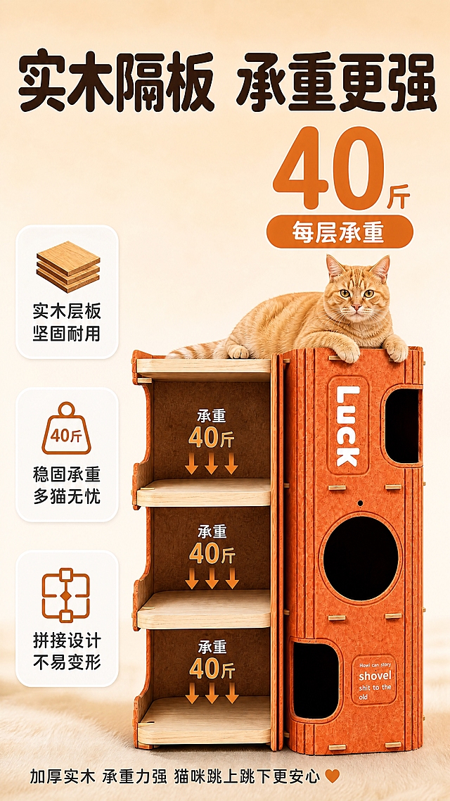 [商品] 使用【图6】橙色三层毛毡猫窝剖解结构展示；保留左侧剖解视角的三层实木隔板、每层承重标注、右侧完整猫窝外观+Luck字样+底部英文；保留顶部橘猫趴在猫窝上的动作；实木层板纹理、毛毡材质颜色不变。
[画面] 目标：结构承重页，展示实木隔板与稳固承重能力。构图：左右分栏，左侧剖解图占55%展示内部三层实木结构，右侧完整猫窝+顶部猫咪占45%；上方大标题，右侧大数字突出承重，左侧三个卖点图标竖排。背景：浅米色渐变背景，干净突出结构。
[视觉] 套系策略：风格=暖橙治愈系家居商业摄影；标题字=圆润粗黑体（萌系圆角）；正文字=简洁圆角无衬线体；主色=暖橙色；背景延展=基于暖橙做深浅层级、同色渐变、毛毡/织物质感延伸；强调色=深棕色+奶白色，用于小面积图标、引线、标签；标题色=深棕色；正文色=暖深灰；组件=圆角白底信息卡、橙色箭头、承重图标；光影=正面均匀柔光，结构清晰。
[文字] 顶部主标题「实木隔板 承重更强」（8字）；右侧超大橙色数字「40斤」，下方小字「每层承重」；左侧三个白底圆角图标卡竖排：实木层板 坚固耐用、稳固承重 多猫无忧、拼接设计 不易变形；每层隔板旁有橙色向下箭头+「承重40斤」标注；底部小字「加厚实木 承重力强 猫咪跳上跳下更安心」配爱心。所有文字横排。
[规格] 图片比例9:16竖版，4K分辨率，quality=medium；避免变形、错字、文字过小、冷蓝背景、产品颜色改变、结构失真、极限词。