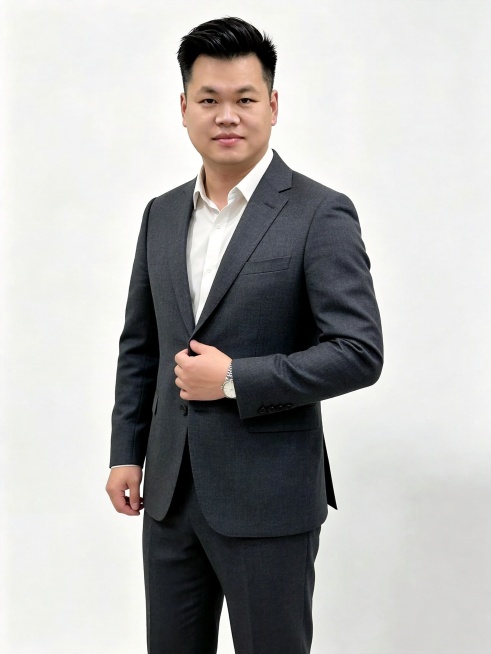 参考图保持脸型、发型、脸部微笑不变，只更换西装和姿势；更换为深灰色纯色精纺羊毛西装+白色衬衫，保持简约质感；姿势改为右手轻握西装前襟站姿，整体自然协调；保留手表配饰，保持灰色纯色商务背景，保持脸部精修预览效果