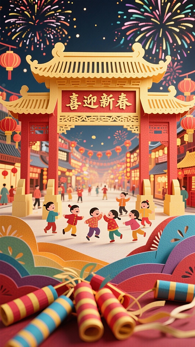 一件为春节设计的中式典雅风格3D剪纸艺术，分层纸雕展现出深度：前面是爆竹，中景是一群小孩在玩耍，后面还有一个喜庆的牌坊，牌坊写着，喜迎新春，牌坊下面和背后是繁荣昌盛的春节街景，天空有燃放的烟花，整个画面都是喜庆，愉快的场景，