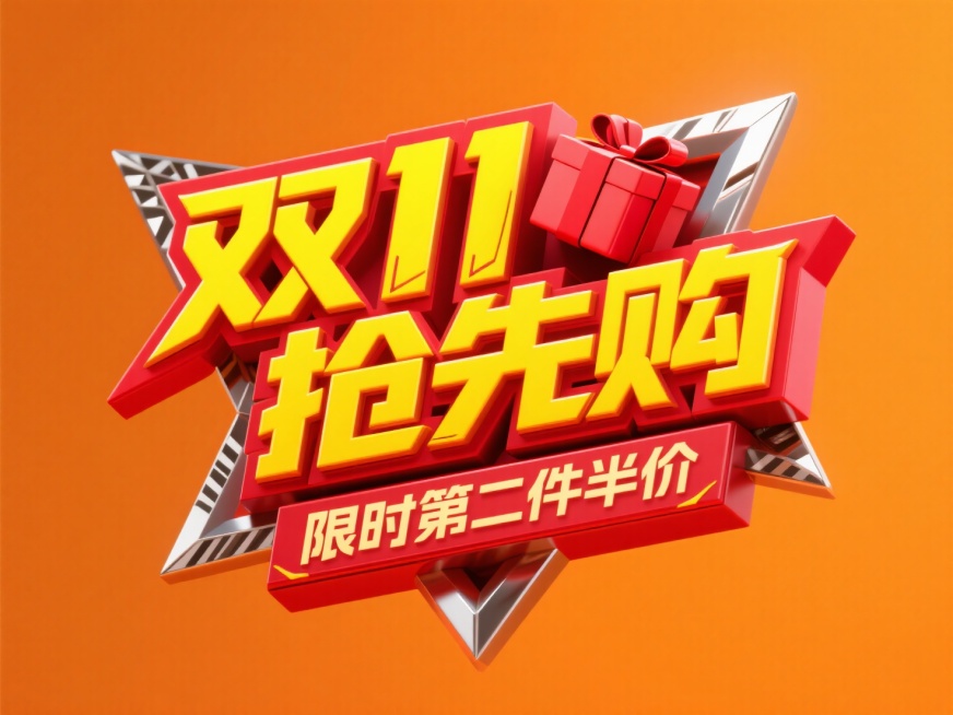 3D尖锐的字体设计，黄色“双11抢先购”+红色“限时第二件半价”，红色礼盒嵌入在文字里，双层字效结构。橘色背景预览效果