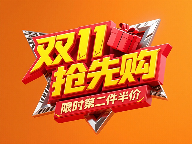 3D立体大字风设计，金属质感几何框架，强化体积感与促销氛围，双11抢先购主题鲜明，节日视觉冲击力十足。