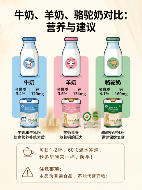 信息图表风格对比图，展示三种奶玻璃瓶（牛奶、羊奶、骆驼奶），干净白色背景，带图标和百分比条形的彩色数据可视化，现代扁平设计，马卡龙柔和配色，中文排版，教育海报风格，高分辨率预览效果