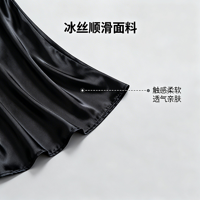 [主图主题] 冰丝面料细节展示主图
[氛围/风格] 特写质感，清晰细腻
[画面元素] 黑色睡裙冰丝面料局部特写，放大展示面料细腻顺滑的纹理，面料带有自然光泽，冰丝质感垂顺，旁边用引线标注面料位置，背景浅灰色干净简洁，突出面料材质本身，背景铺满无边框。
[配色色系] 主色调：黑色面料，浅灰背景
[视角构图] 特写俯视
[文字版式] 标题 “冰丝顺滑面料”，右侧标注 “触感柔软 透气亲肤”，黑色细体字，文字居左排版，不遮挡面料特写，简约清晰。
[比例分辨率] 1:1 比例，2k 分辨率