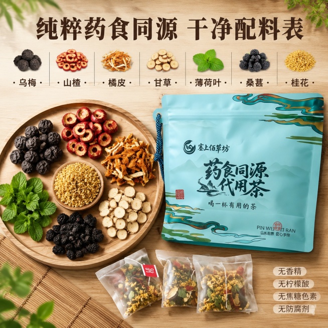 [主图2] 佰草坊草本酸梅汤核心配料卖点展示。
[氛围风格] 自然清新干净，突出干净配料表优势。
[画质] 商业摄影质感，光线柔和通透，细节清晰，画面干净高级。
[元素] 整袋产品放在画面右半部分，左预览效果