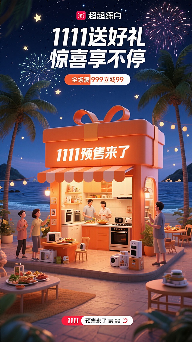 C4D渲染风格电商促销海报，深夜聚会场景，中央是橙色礼盒造型店铺，印有“1111预售来了”，店内有厨房电器，有人展示美食和操作电器，店外摆放产品和装饰且店铺亮着暖光，背景是海岛风光：深蓝色大海、高大椰子树、布满星星的深夜星空和绽放的烟花，海报上方有“1111送好礼 惊喜享不停”和“全场满999立减99”的文字，整体氛围热闹温馨，色彩鲜明