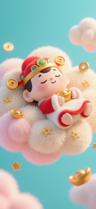 浅米色毛绒质感背景，Q版财神侧躺云端酣睡，穿白绒红边衣，云朵蓬松带淡粉晕，身边散落金线绣制的小星星和元宝，整体温柔软糯的毛绒风格预览效果