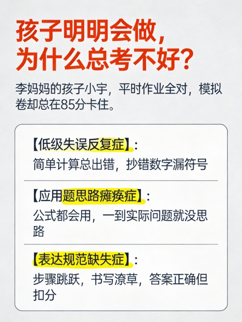 创建一个竖版长方形（3:4）的信息图表，背景颜色使用浅灰色（#F5F5F5）。标题：“孩子明明会做，为什么总考不好？”使用大号字体（#FF4500）。下方展示一个小案例：“李妈妈的孩子小宇，平时作业全预览效果