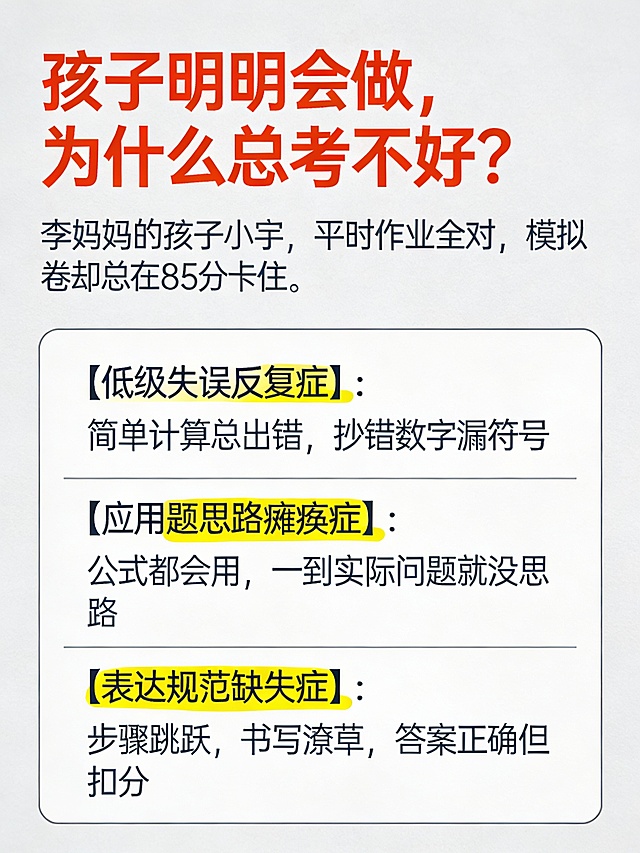 创建一个竖版长方形（3:4）的信息图表，背景颜色使用浅灰色（#F5F5F5）。标题：“孩子明明会做，为什么总考不好？”使用大号字体（#FF4500）。下方展示一个小案例：“李妈妈的孩子小宇，平时作业全对，模拟卷却总在85分卡住。”接着用表格形式列出三大症状：【低级失误反复症】、【应用题思路瘫痪症】、【表达规范缺失症】，每个症状下有简短描述。整体布局清晰，文字用深灰色（#333333），并用黄色高亮（#FFFF00）标记关键点。