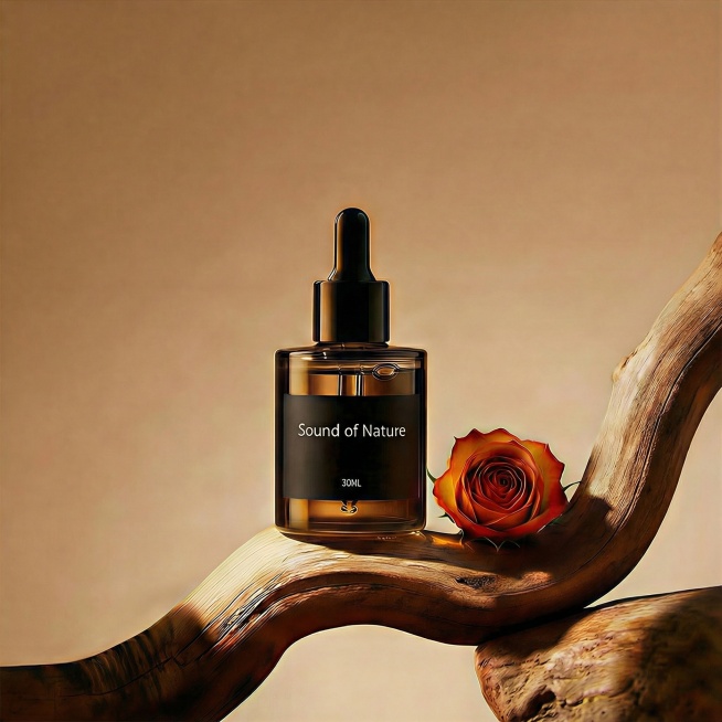 将图片中的精华液产品、玫瑰花和树枝整体向右移动预览效果