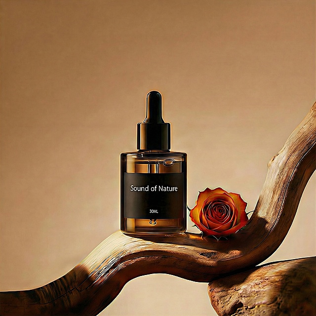 将图片中的精华液产品、玫瑰花和树枝整体向右移动