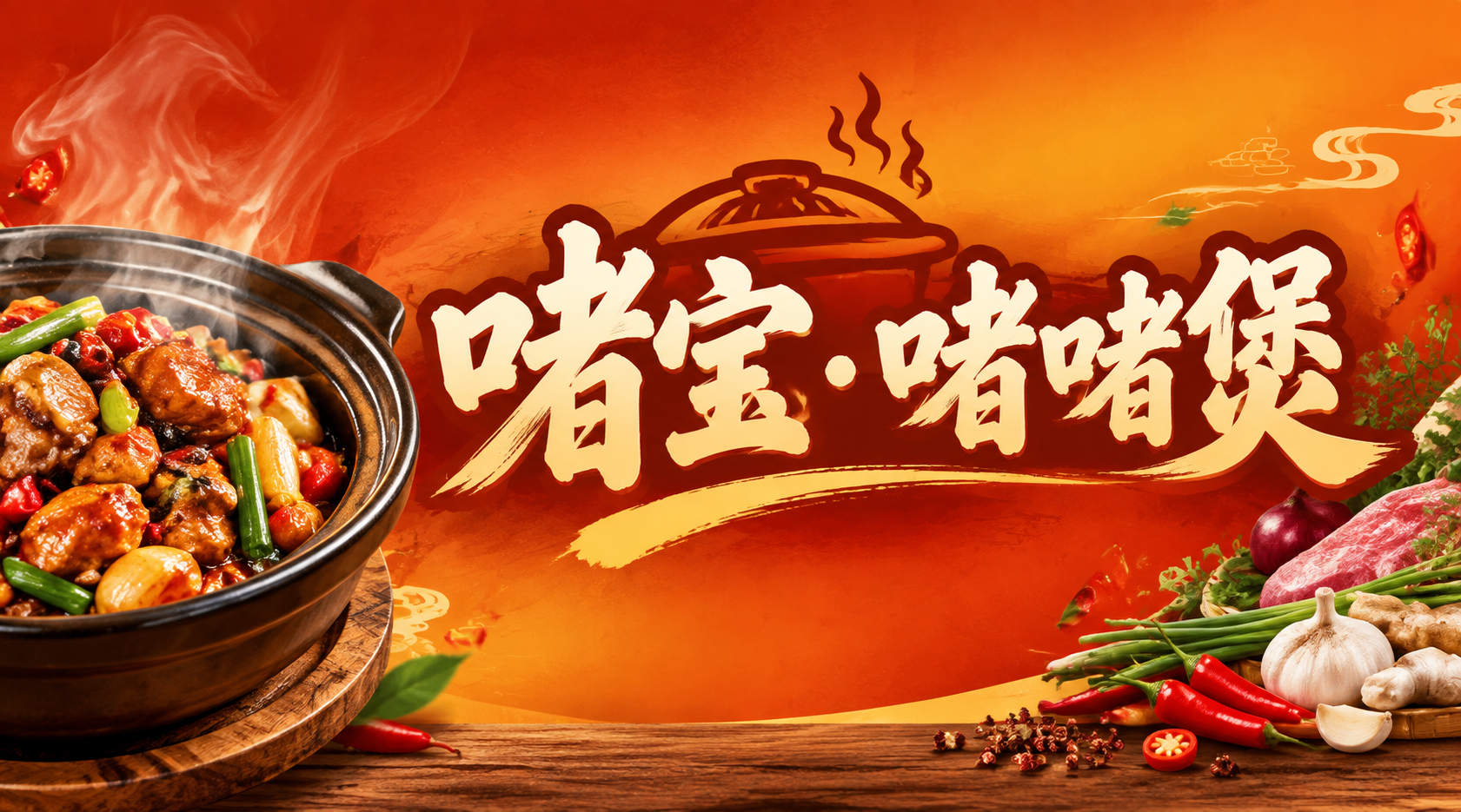 啫宝啫啫煲餐厅店招设计，横版横幅，暖橙红色渐变背景，左侧有热气… - 图片创意预览