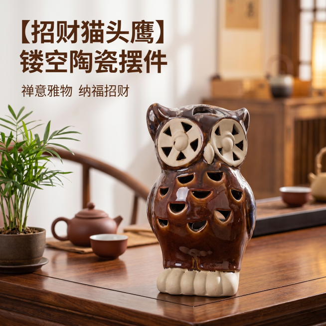 [主图 1] 招财猫头鹰镂空陶瓷摆件首图
[氛围风格] 新中式复古风，招财吉祥氛围
[画质] 商业摄影质感，光线柔和通透，产品清晰真实，画面干净高级
[元素] 镂空猫头鹰陶瓷摆件居中摆放，放置在新中式预览效果
