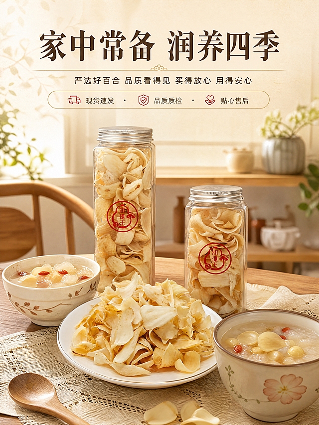 [商品] 使用【图4】双规格罐装百合干+【图3】白瓷盘百合干；保留所有产品外观、Logo、颜色、结构不变。
[画面] 目标：收尾转化页，家庭常备囤货氛围。构图：场景氛围型，中式餐桌场景，双罐产品+白瓷盘百合干+陶瓷汤碗/粥碗组合陈列，营造家庭养生囤货感；产品占画面60%，前景餐具与百合干，中景产品组合，后景浅虚化暖光厨房/餐厅背景。
[视觉] 套系策略：风格=中式温润养生商业摄影；标题字=宋体粗体（雅致有衬线）；正文字=简洁无衬线体；主色=暖米杏；背景延展=基于暖米杏做深浅层级、同色渐变和细腻宣纸/木纹质感；强调色=朱砂红（仅用于小面积图标、引线、价格标签）；标题色=深棕褐；正文色=中暖灰；组件=圆角米白底信息卡、细金线引线、中式小图标；光影=暖调侧窗光，柔和温馨，有生活烟火气。
[文字] 画面上方主标题：家中常备 润养四季；副标题：严选好百合 品质看得见 买得放心 用得安心；下方配小字：现货速发·品质质检·贴心售后。文字区位于画面上方，不遮挡主体产品。
[规格] 比例3:4竖版，4K分辨率，负向提示：避免冷蓝调、过度奢华感、医疗功效暗示、绝对化用语、文字竖排。