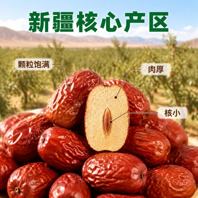 [主图-2] 新疆大枣产地溯源核心亮点图。
[氛围风格] 自然产地氛围，真实可信，突出品质优势
[画质] 商业摄影质感、自然阳光，光线通透，产品清晰真实，画面干净高级
[元素] 前景堆放多颗饱满完整的预览效果