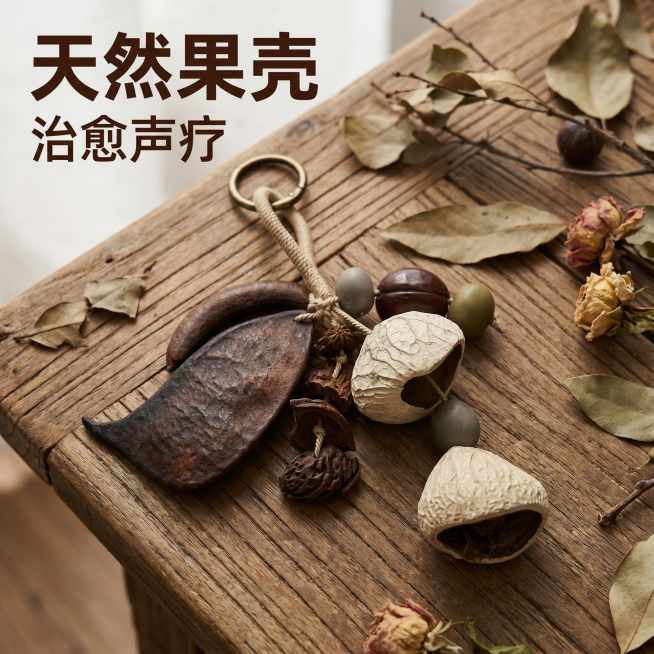 [主图 1] 果壳挂件产品首图。保持原产品果壳挂件外观（物理结构、材质质感、颜色）与输入产品图绝对一致，杜绝任何变形和色差，精细化处理。[氛围风格]自然诧寂风森系复古风；[画质]商业摄影质感、光线柔和预览效果
