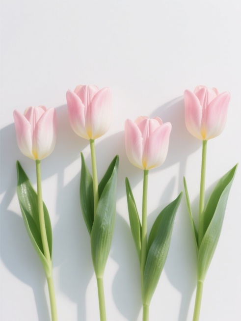 一张白色纯色背景的图像，上面有四个规整排布的郁金香素材，每个郁金香都有着不同的造型样式，它们是高度写实风格的粉色郁金香，花瓣呈现出柔和的粉白色渐变，边缘略带自然的淡黄色，花茎为清新的绿色，叶子是富有光泽感的深绿色且带有清晰的叶脉纹理，整体光影效果自然柔和，具有明显的高光和阴影细节，营造出一种干净、简洁、清新的氛围，画面中无任何文字、logo和水印。预览效果