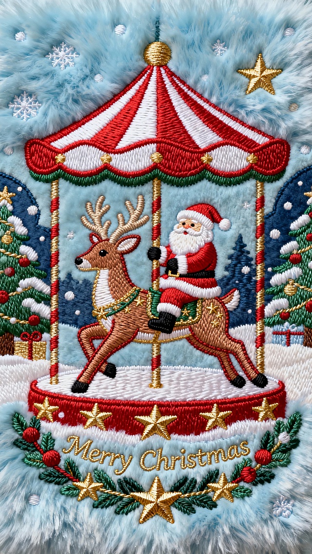 画面中心是一座红白条纹顶的旋转木马，装饰有金色星星与“Merry Christmas”花环，木马替换为驯鹿造型，圣诞老人坐在驯鹿上，背景是有圣诞装饰的雪夜。
