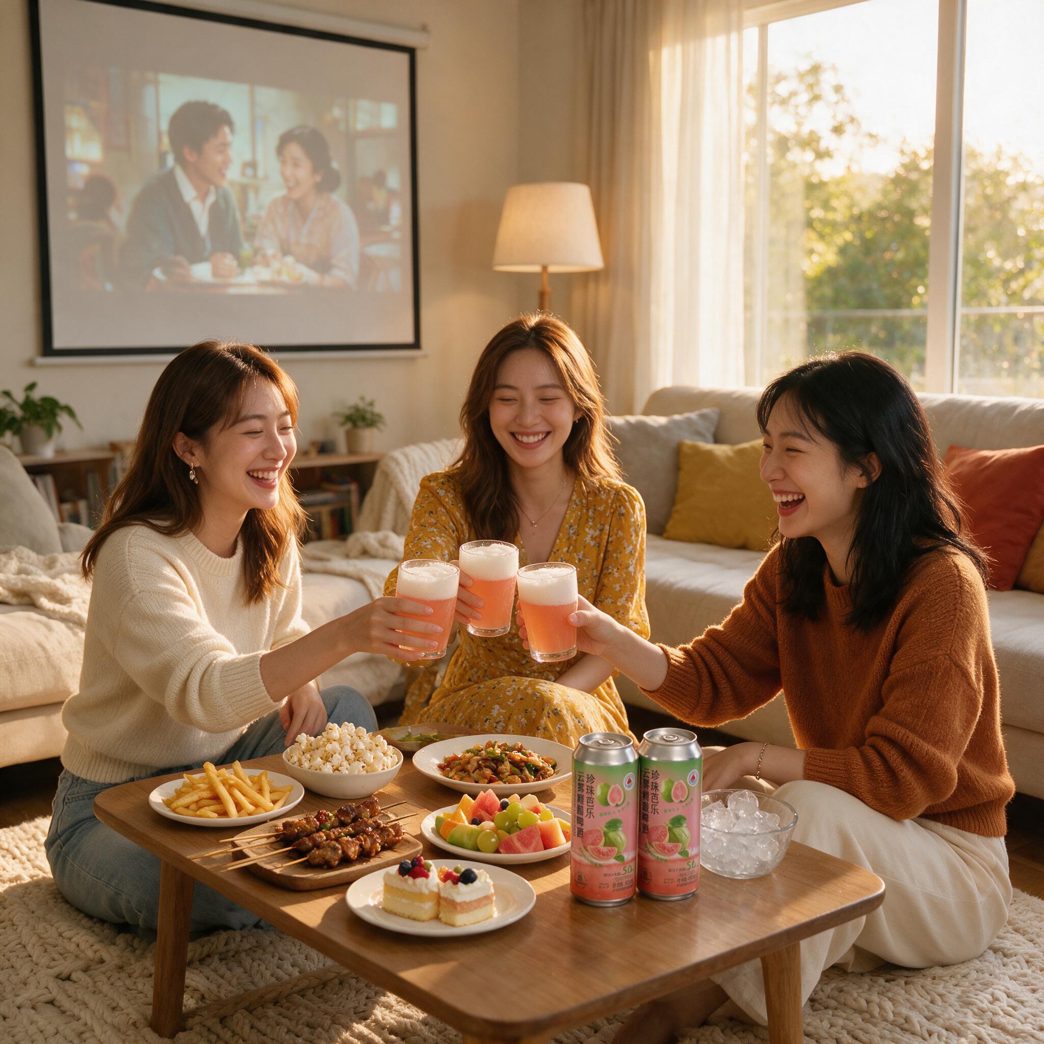 将背景替换为温馨的客厅闺蜜聚会场景。三位年轻女生围坐在木质矮桌… - 图片创意预览