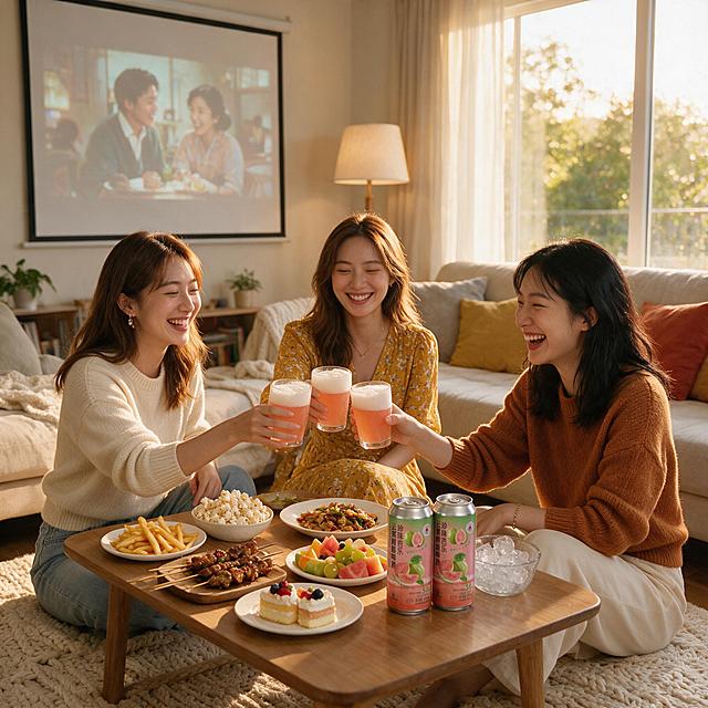 将背景替换为温馨的客厅闺蜜聚会场景。三位年轻女生围坐在木质矮桌旁，坐在地毯上，手里举着玻璃杯碰杯，杯中是粉橙色的珍珠芭乐啤酒，泡沫丰富。桌上摆满了丰盛的食物：烤串、薯条、爆米花、蛋糕、各种家常菜、新鲜水果，还有几罐珍珠芭乐云雾精酿啤酒和一碗冰块。背景是米色沙发、投影幕布（播放着电影）、大窗户透进温暖的金色夕阳光，窗帘柔和。整体氛围温馨欢乐，闺蜜小聚的惬意感。产品罐身保持原样，包装上的所有文字、图案、logo细节清晰完整不变。高端商业摄影质感，暖金色夕阳光线，画面纯净无任何额外文字。正方形构图。