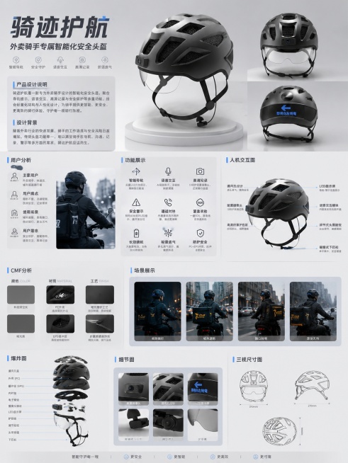 A3竖向产品设计展板，风格为现代简约科技风，专业产品展示，版式参考图1的分区结构：包含顶部标题区、设计说明区、用户分析区、功能展示区、人机交互图、CMF分析、场景展示、爆炸图、细节图、三视尺寸图，整体预览效果